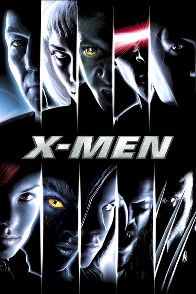 X-men 2000 movie poster. The poster is divided into 5 columns, broken up by a black band with ‘X-MEN’ in the middle. Above & below the word, each column shows a partial face of 10 different characters.