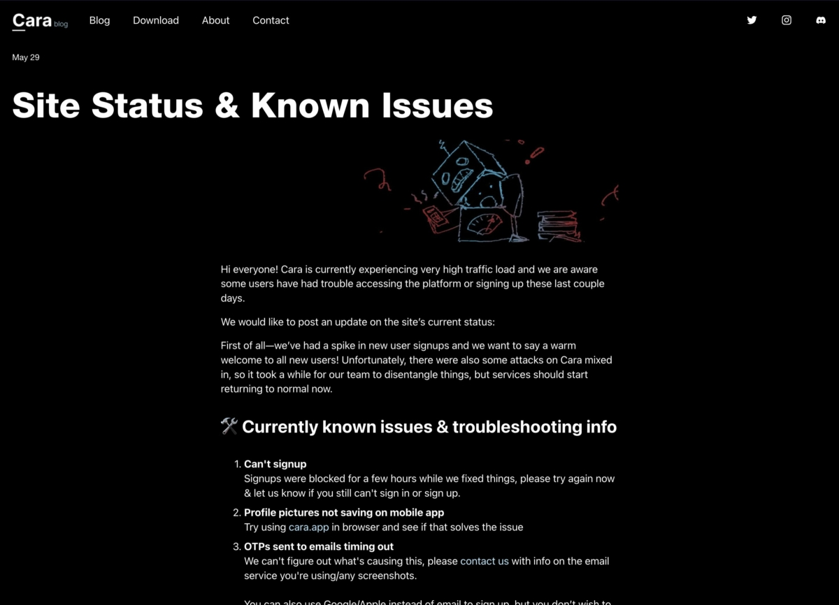 blog.cara.app site status & known issues — cara artist social & portfolio platform 2024 06 07 13