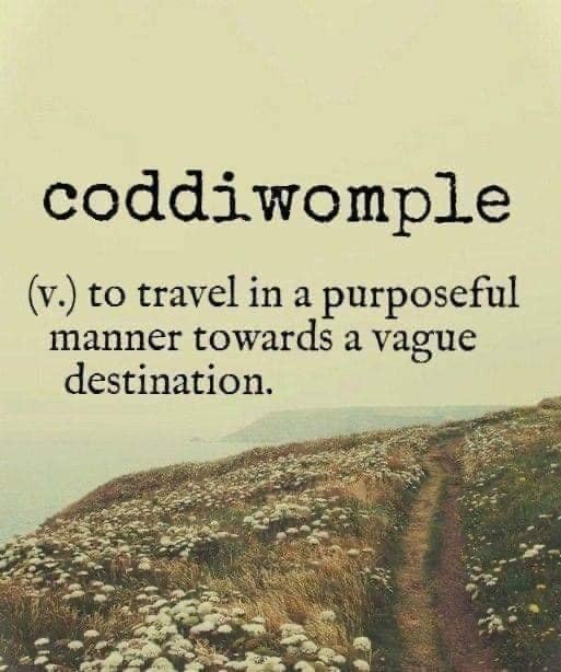 coddiwomple (v.) to travel in a purposeful manner towards a vague destination.